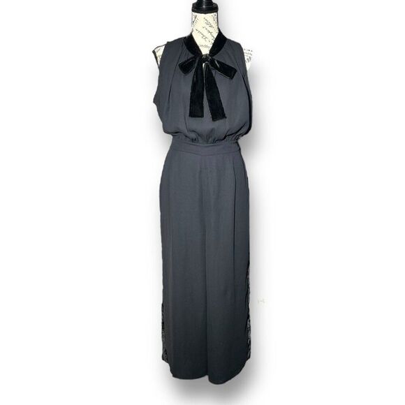Kate Spade Black Velvet Bow Tuxedo Stripe Wide Leg Cropped Jumpsuit Old Money 14 - Picture 3 of 8